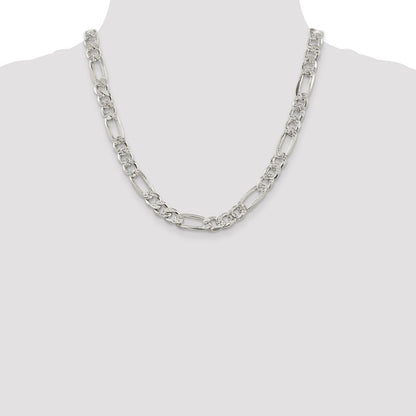 Sterling Silver 9.5mm Pav� Flat Figaro Chain Necklace 20"