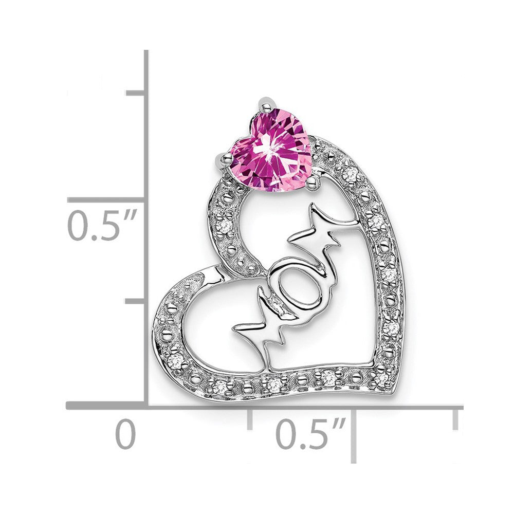 14k White Gold Created Pink Sapphire & Diamond MOM Heart Pendant