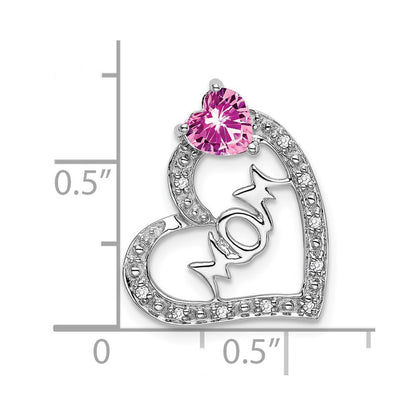14k White Gold Created Pink Sapphire & Diamond MOM Heart Pendant
