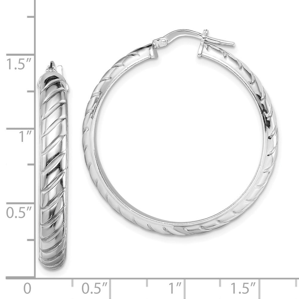 Sterling Silver Rhodium-plated 5x30mm Polished Textured Hoop Earrings