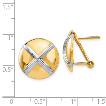 14k Yellow Gold Polished & Rhodium X Omega Back Stud Earrings