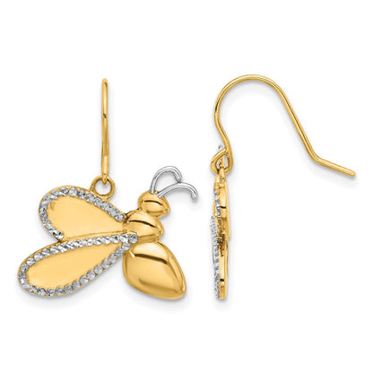 14k Yellow Gold and White Rhodium D/C Bee Dangle Earrings