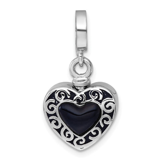 Sterling Silver RH-plated Onyx Enameled Heart Ash Holder Bead/Pendant