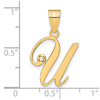 14k Yellow Gold Script Letter U Initial Pendant with Diamond