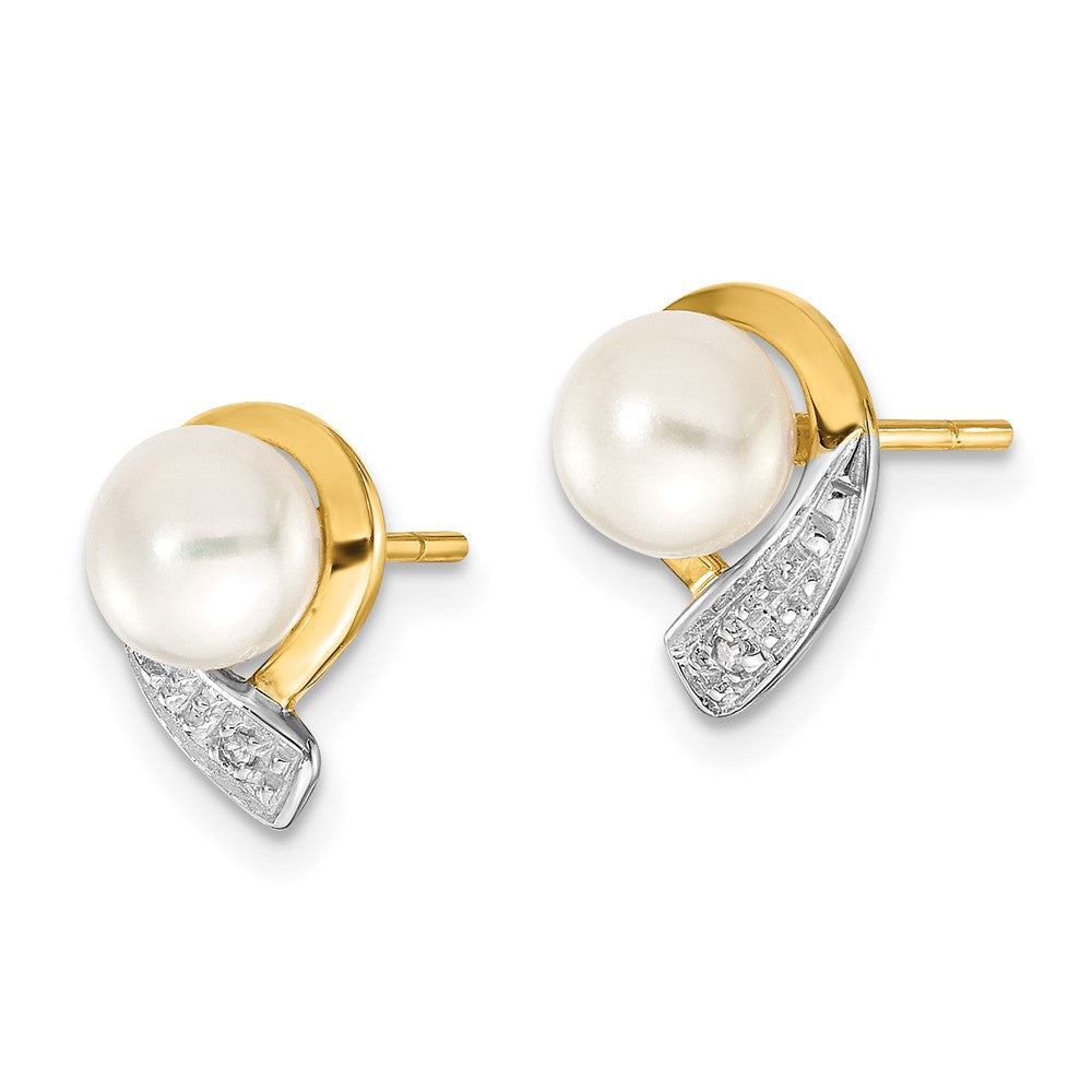 14k Yellow Gold 5-6mm White Button FWC Pearl .01ct Diamond Stud Earrings
