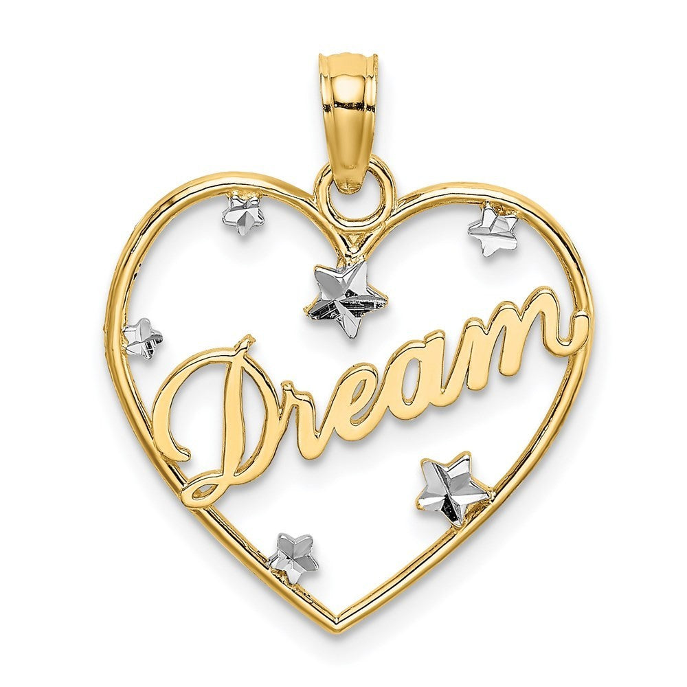 14k Yellow Gold Rhodium Diamond-cut DREAM Heart with Stars Charm Pendant