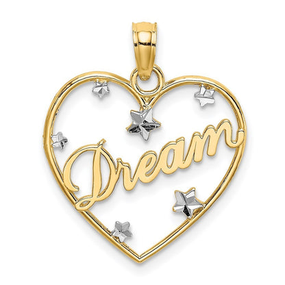 14k Yellow Gold Rhodium Diamond-cut DREAM Heart with Stars Charm Pendant