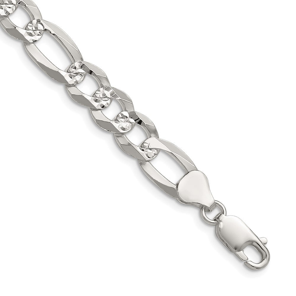 Sterling Silver 8.5mm Flat Diamond-Cut Pave Figaro Chain Necklace 22"