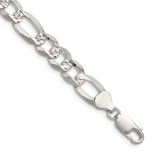 Sterling Silver 8.5mm Flat Diamond-Cut Pave Figaro Chain Necklace 22"