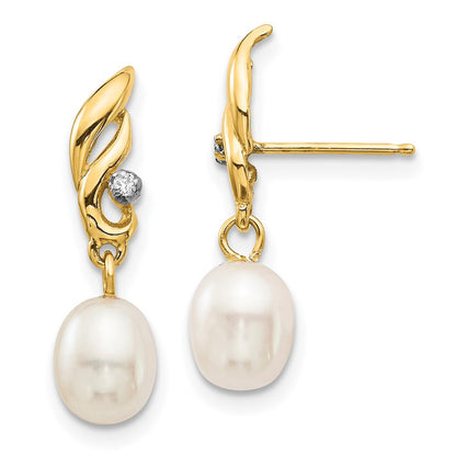 14k Yellow Gold 5-6mm Rice Freshwater Cultured Pearl & Diamond Dangle Earrings