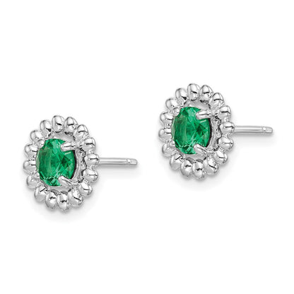 Sterling Silver Rhod-plat Created Emerald Button Stud Earrings