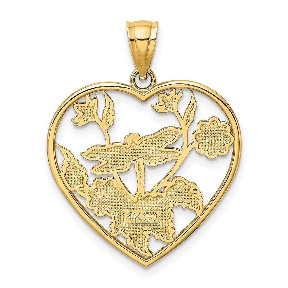 14k Yellow Gold Enamel Dragonfly and Flower in Heart Charm Pendant