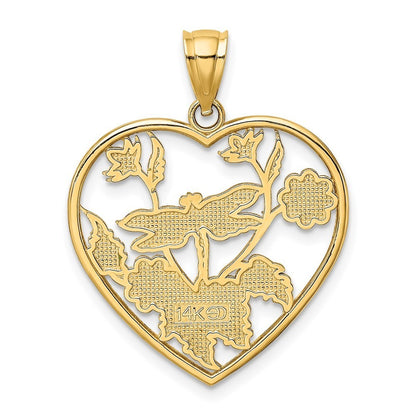 14k Yellow Gold Enamel Dragonfly and Flower in Heart Charm Pendant