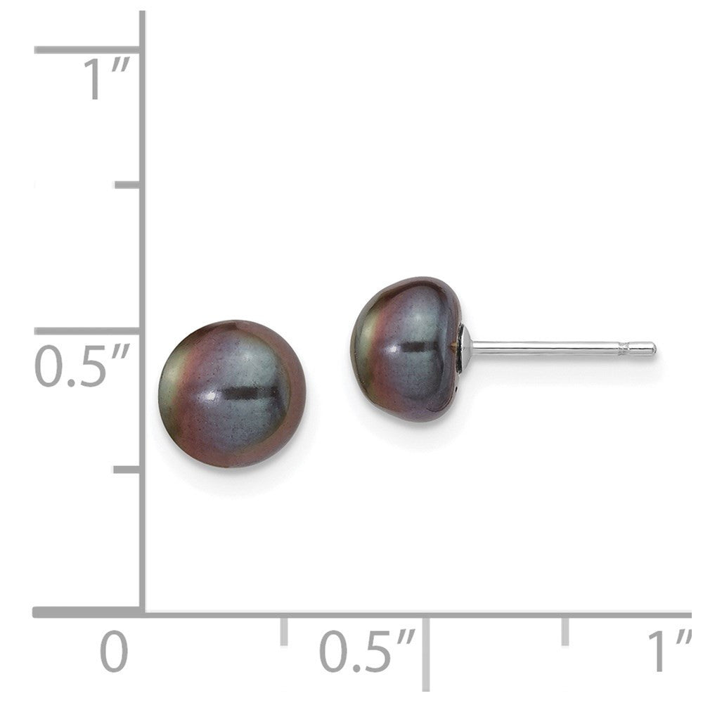 14k White Gold 7-8mm Black Button Freshwater Cultured Pearl Stud Earrings