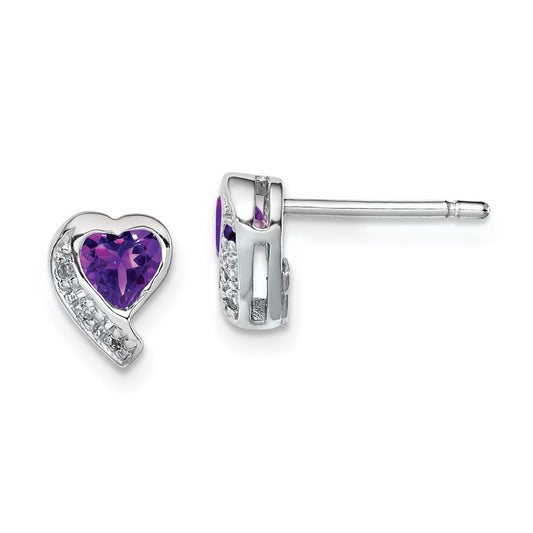 Sterling Silver Rhodium-plated Amethyst and Diamond Heart Button Stud Earrings