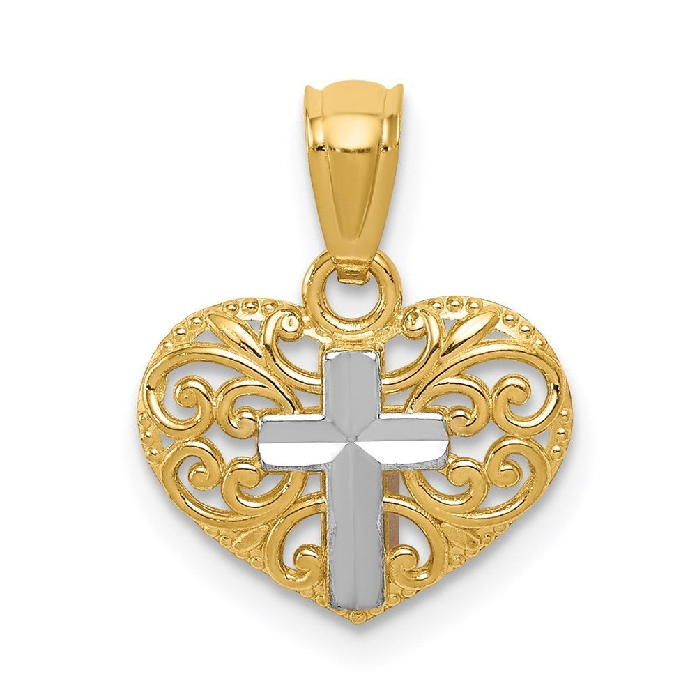 14k Yellow Gold Rhodium Cross in Heart Pendant