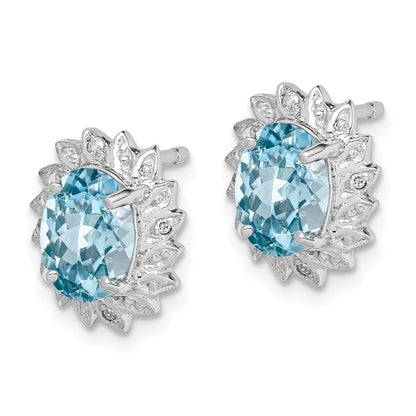 Sterling Silver Rhodium Plated Blue Topaz and Diamond Button Stud Earrings