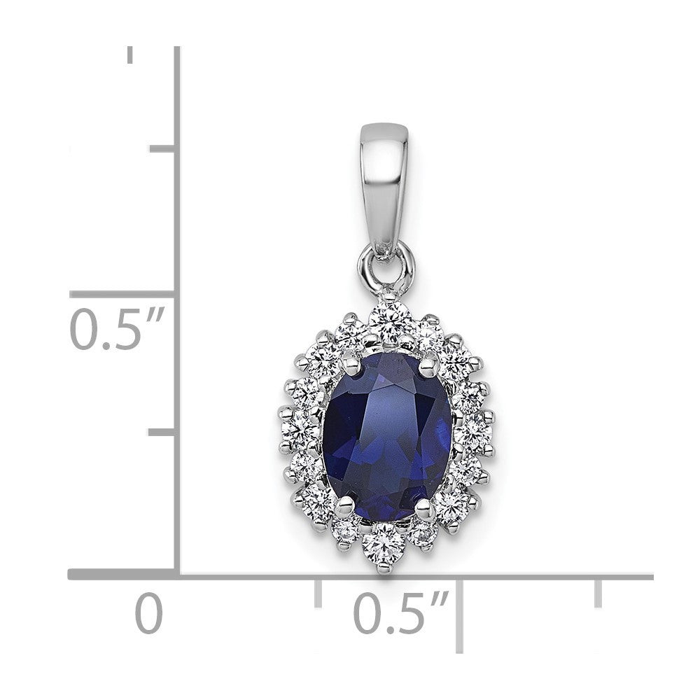 Sterling Silver SS RH-plated Polished Created Sapphire and CZ Oval Halo Pendant
