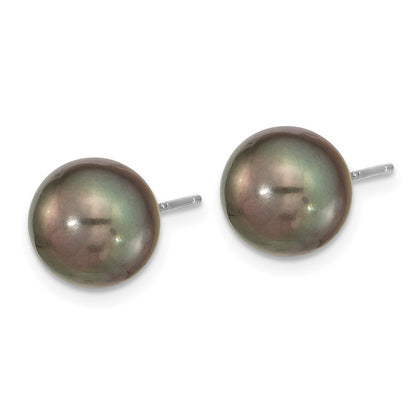 14k White Gold 10mm Black Round Tahitian Saltwater Cultured Pearl Stud Earrings