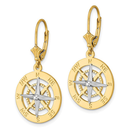 14k Two-tone Gold W/ Rhodium Nautical Compass Leverback Drop & Dangle Earrings