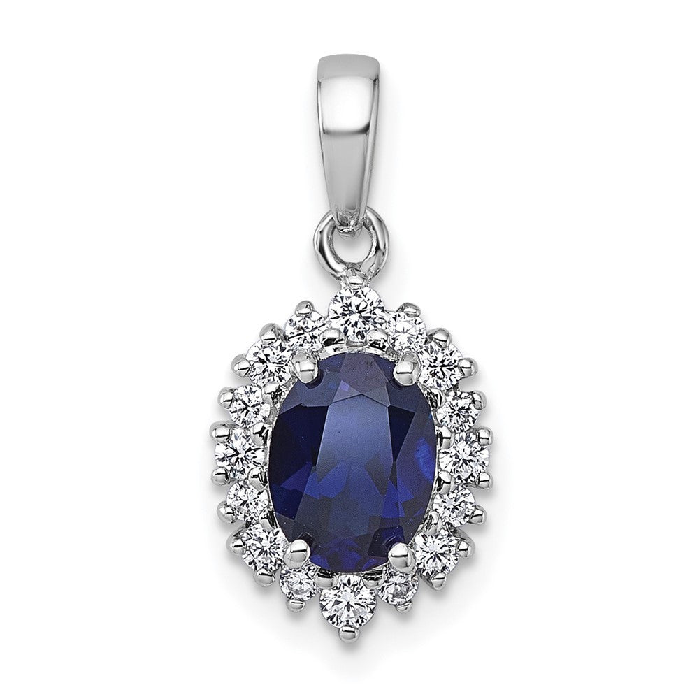 Sterling Silver SS RH-plated Polished Created Sapphire and CZ Oval Halo Pendant