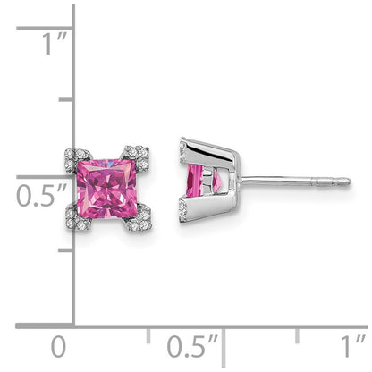 14k White Gold Square Created Pink Sapphire and Diamond Stud Earrings