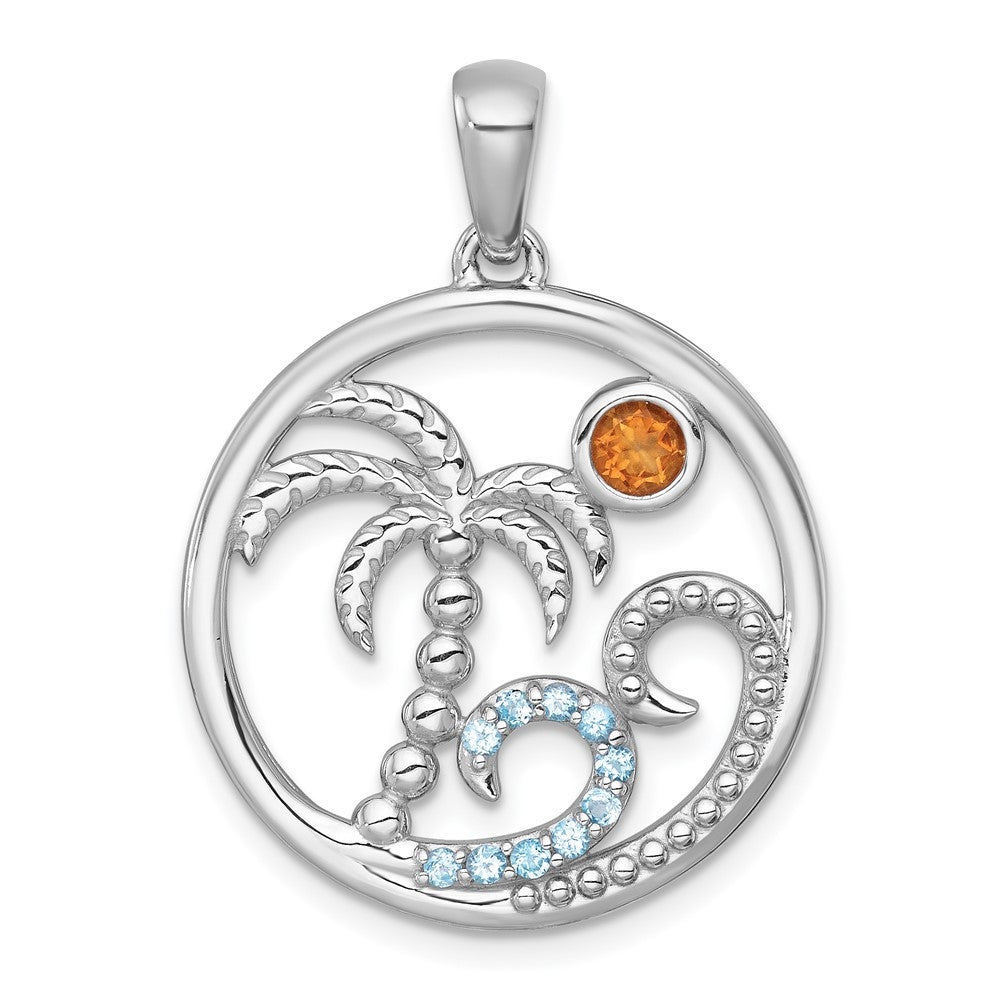 Sterling Silver Rhodium Beaded Citrine & Blue Topaz Beach Scene Circle Pendant