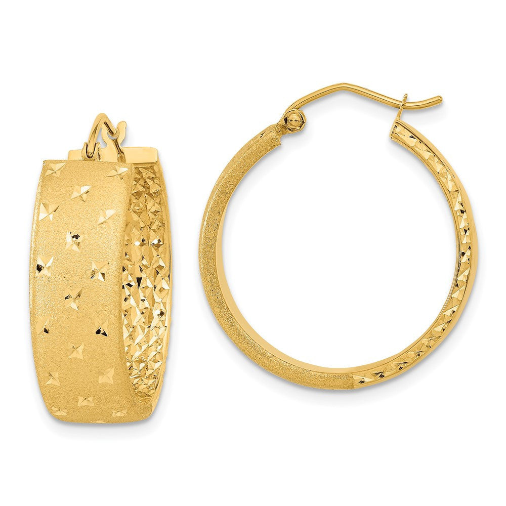 14k Yellow Gold Polished Satin and Diamond-cut Hoop Earrings