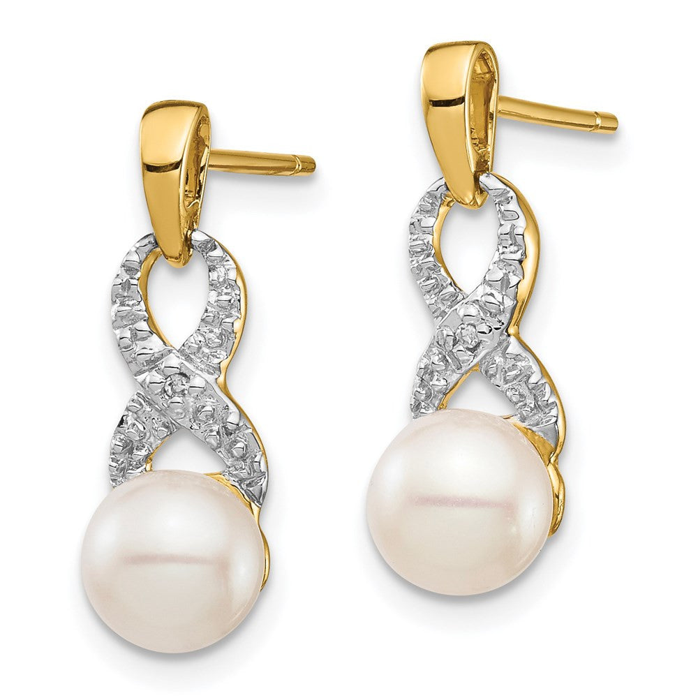 14k Yellow Gold 6-7mm White Round FWC Pearl .01 Diamond Dangle Earrings
