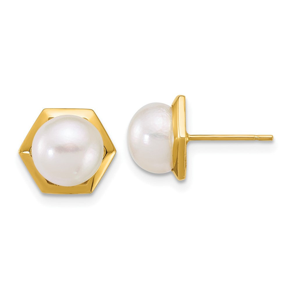 14k Yellow Gold 8mm Button Freshwater Cultured Pearl Hexagon Stud Earrings