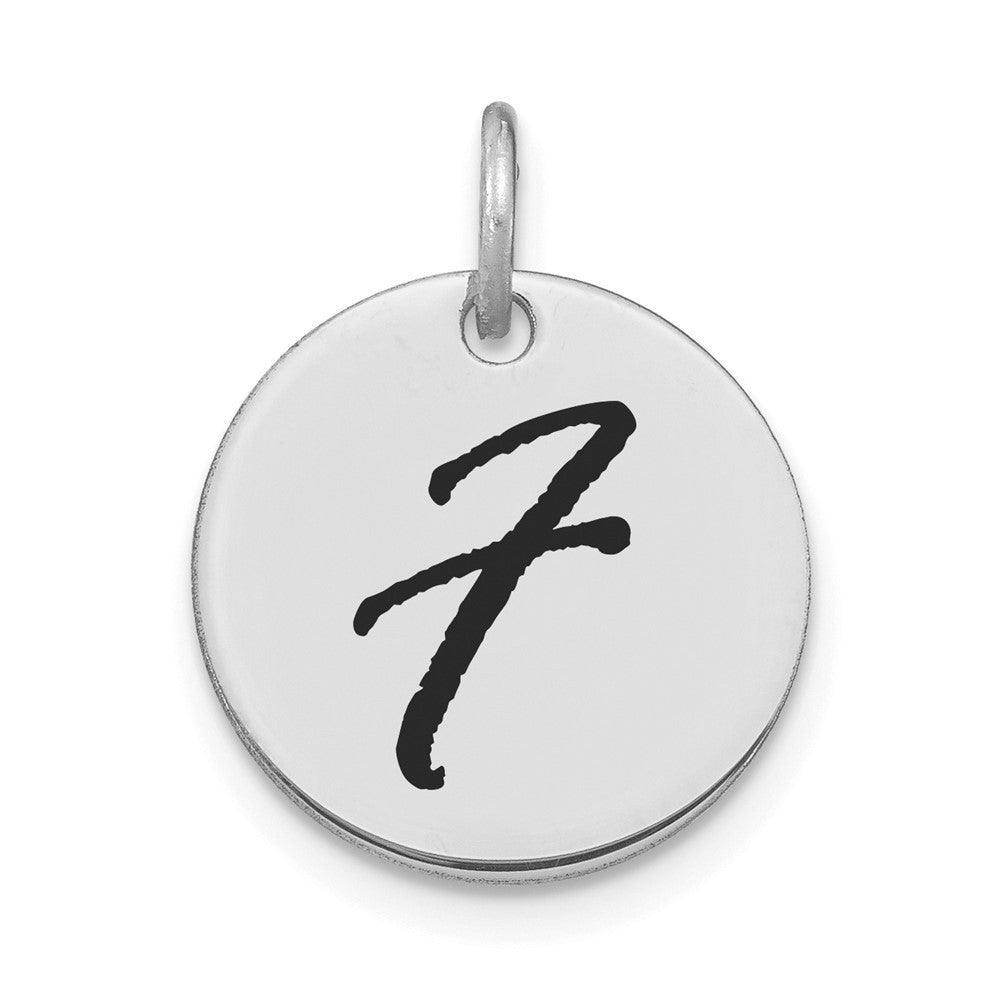 14k White Gold Polished Black Enamel Letter F Initial Disk Charm Pendant