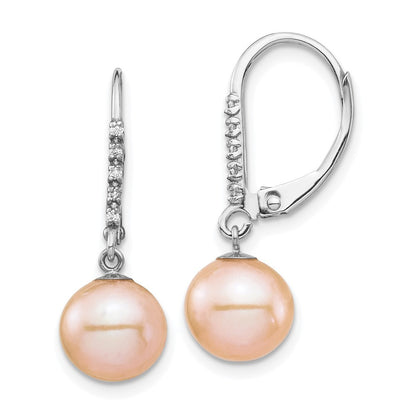 14k Gold 8-9mm Pink Freshwater Cultured Pearl and Diamond Dangle Earrings