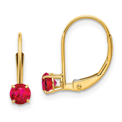 14k Yellow Gold 4mm Round July/Ruby Leverback Dangle Earrings
