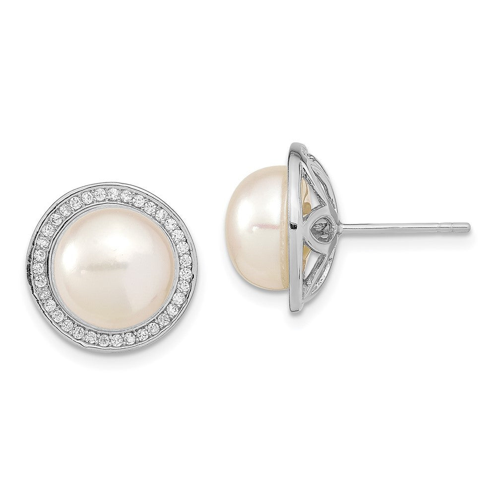 Sterling Silver Rhodium-plated Button Freshwater Cultured Pearl CZ Stud Earrings