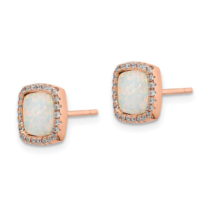 Sterling Silver Rose-Tone Created Opal & CZ Square Halo Button Stud Earrings