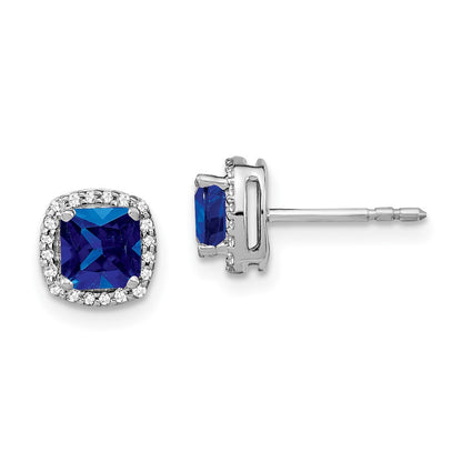 14k White Gold Cushion Sapphire and Diamond Halo Stud Earrings