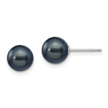 14k White Gold 7-8mm Black Round Freshwater Cultured Pearl Stud Earrings