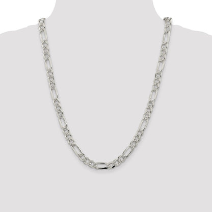 Sterling Silver 8mm Pav� Flat Figaro Chain Necklace 24"