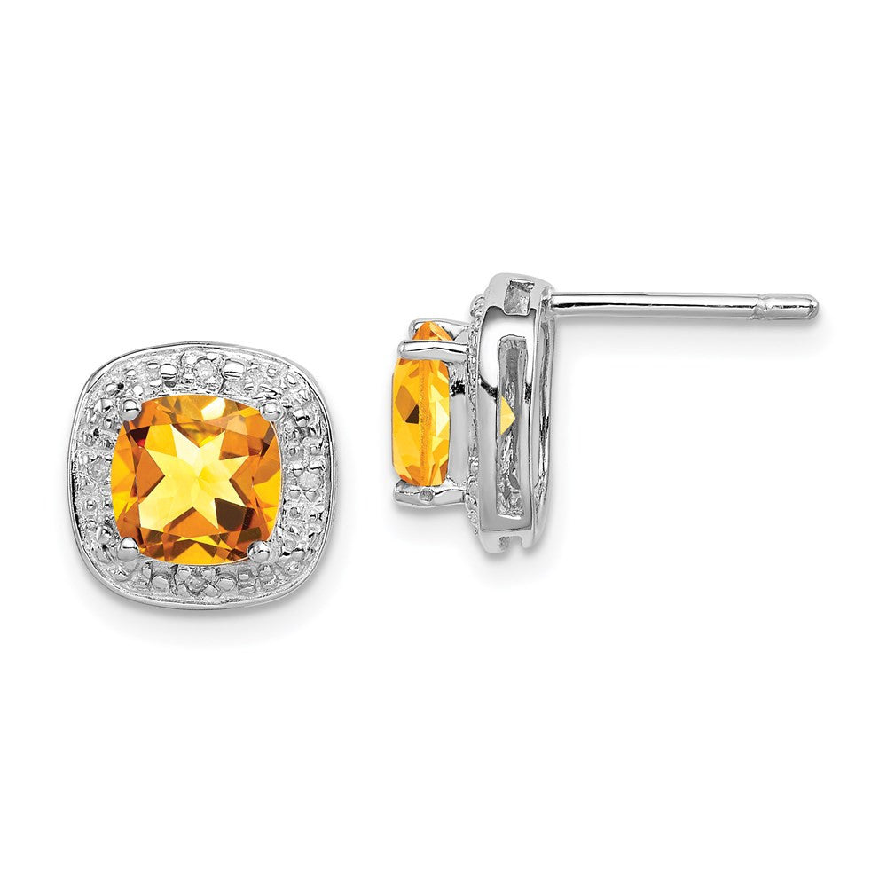 Sterling Silver Rhodium Plated Citrine and Diamond Button Stud Earrings