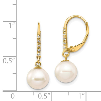 14k Yellow Gold 8-9mm Cultured Pearl and Diamond Dangle Earrings