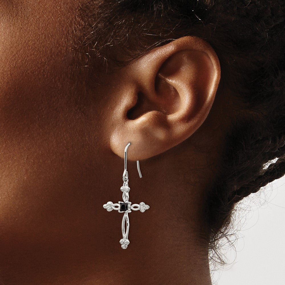 Sterling Silver Polished Diamond Accent & Black CZ Budded Cross Dangle Earrings