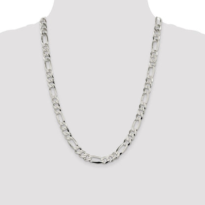 Sterling Silver 8.5mm Lightweight Flat Figaro Chain Necklace 24"