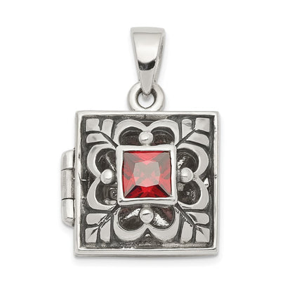 Sterling Silver Rhod-plated Polished Antiqued Garnet Square 16mm Locket