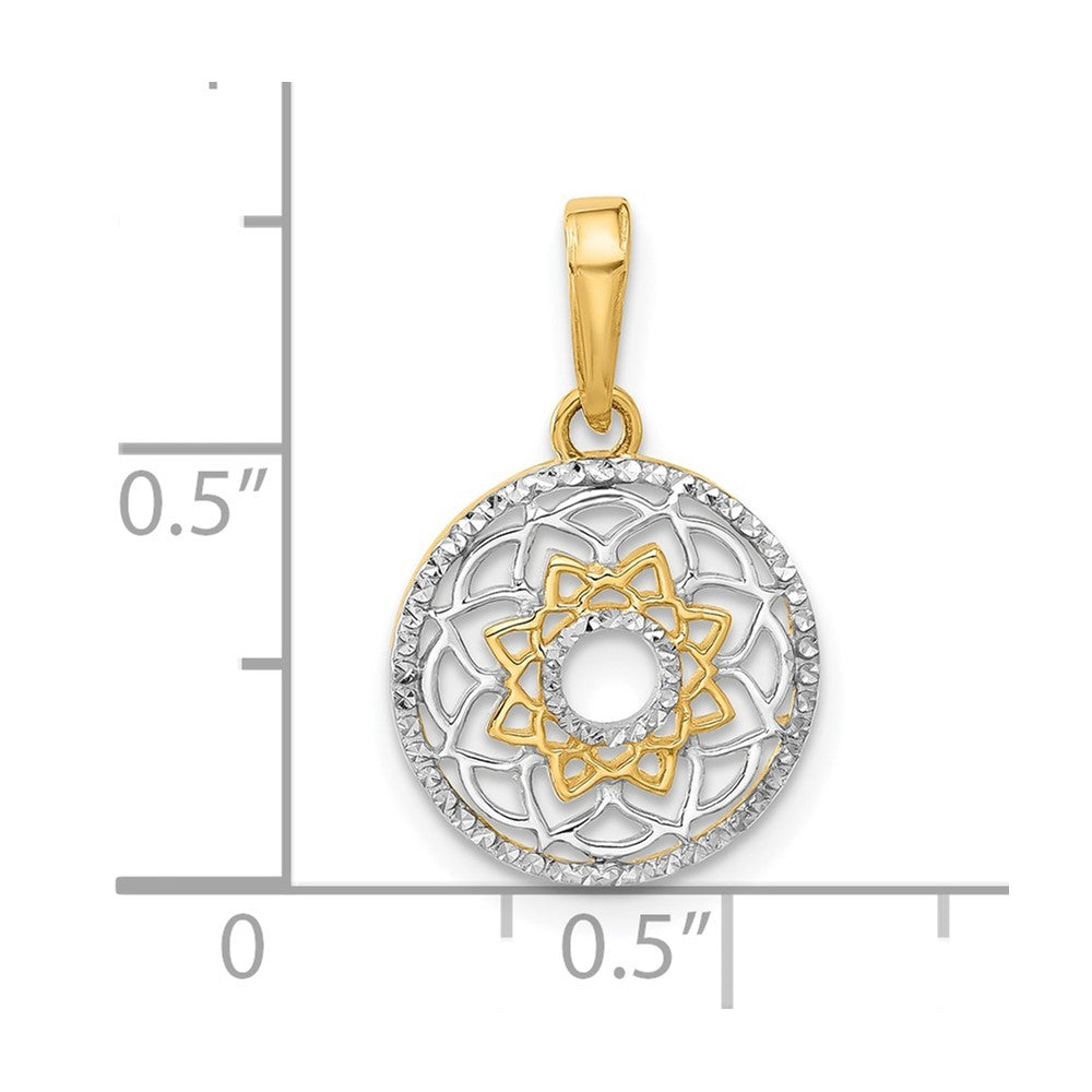 14k Yellow Gold and White Rhodium Polished Floral Design Circle Pendant