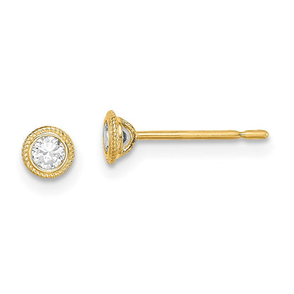 14k Yellow Gold Round CZ Milgrain Bezel Stud Earrings