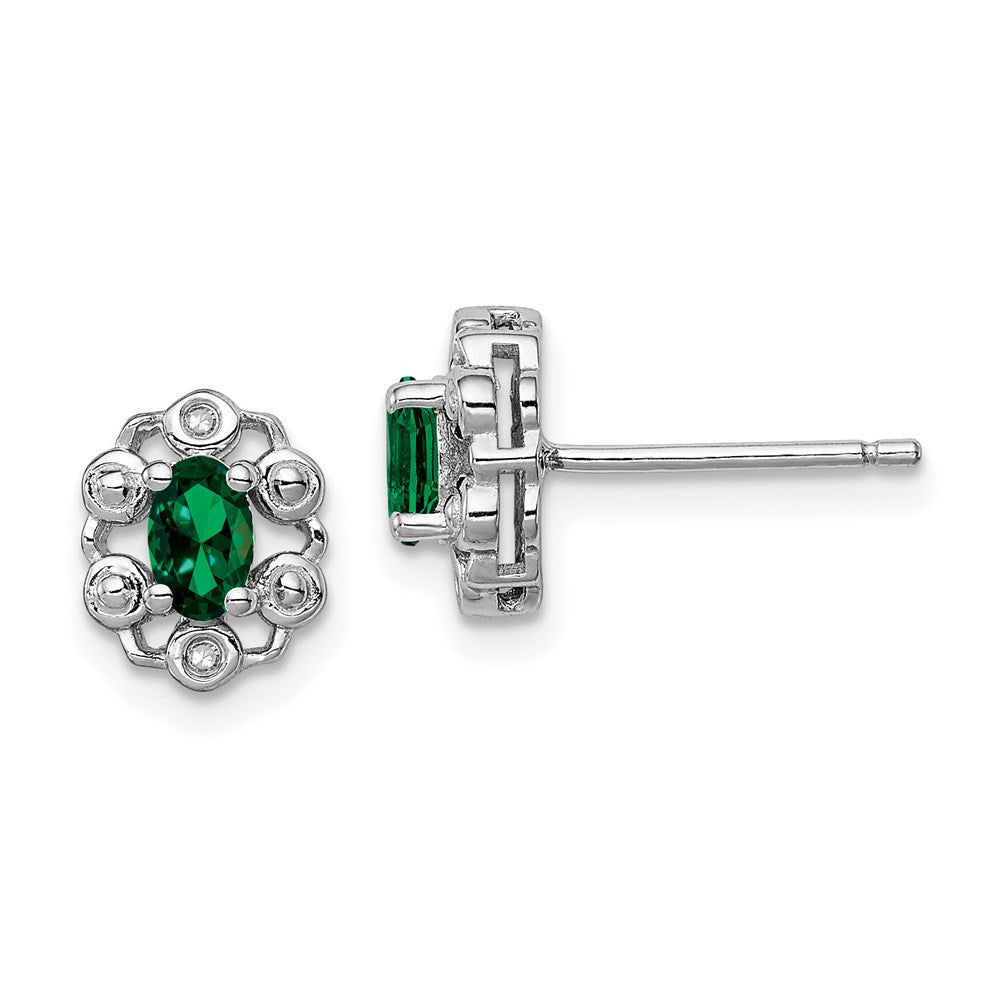 Sterling Silver Rhodium-plated Created Emerald & Diam. Button Stud Earrings
