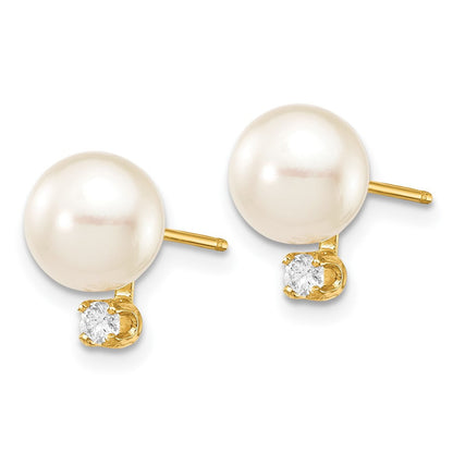 14k Yellow Gold 8mm White Akoya Saltwater Cultured Pearl & Diamond Stud Earrings