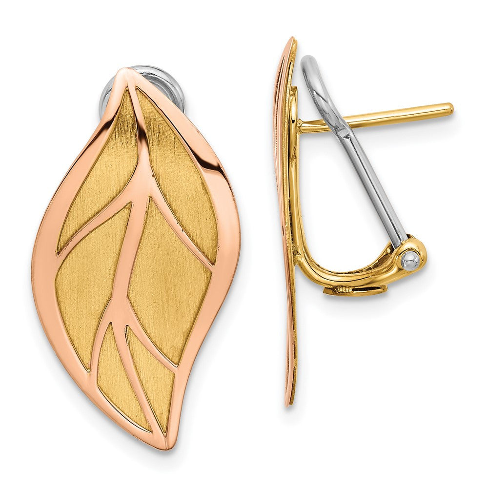 14K Two-tone Rose and Yellow Polished / Brushed Leaf Omega Back Stud Earrings
