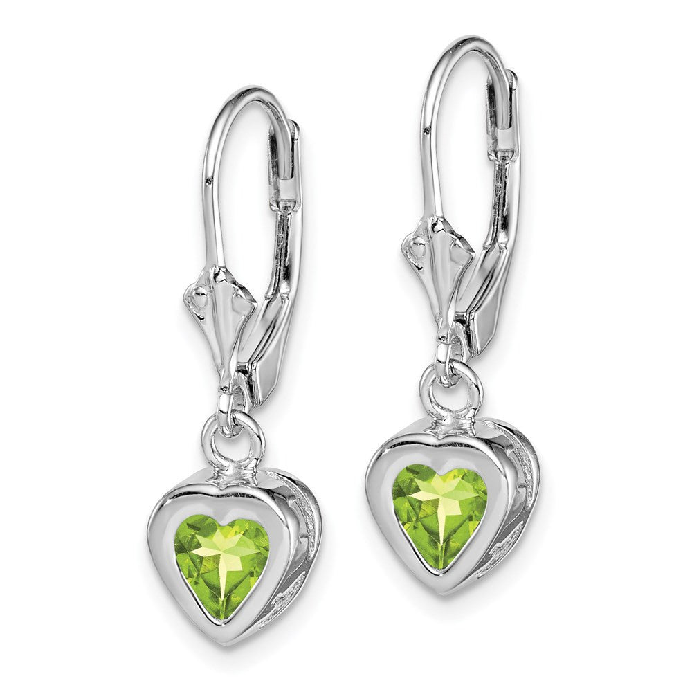 Sterling Silver Rhodium Plated 6mm Heart Peridot Leverback Dangle Earrings