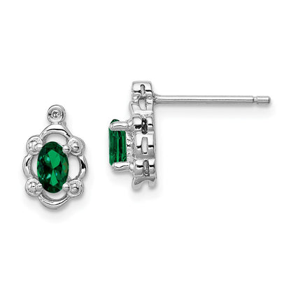 Sterling Silver Rhodium-plated Created Emerald & Diam. Button Stud Earrings
